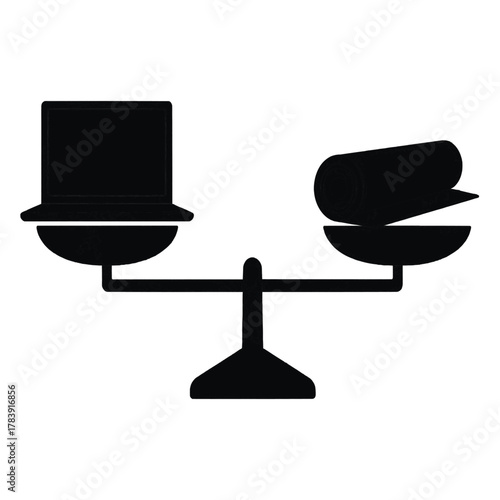 Work Life Balance Vector — Laptop and Yoga Mat on Scale Symbolizing Wellness and Productivity