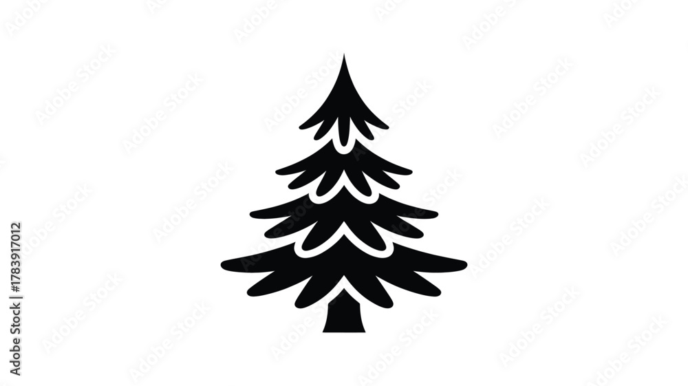 Obraz premium A simple stylized black silhouette of a tall evergreen pine tree with a pointed top and layered branches on a white background silhouette