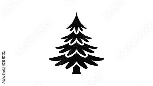 A simple stylized black silhouette of a tall evergreen pine tree with a pointed top and layered branches on a white background silhouette