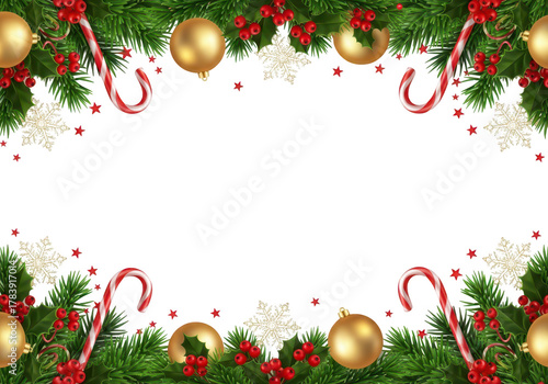 Christmas and new year border with fir tree, baubles, candy canes and snowflakes isolated on transparent background