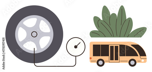 Large vehicle tire connected to an air pump alongside a bus enriched with leafy plants. Ideal for eco-transport, green energy, sustainability, fuel efficiency, air quality, environment, simple flat