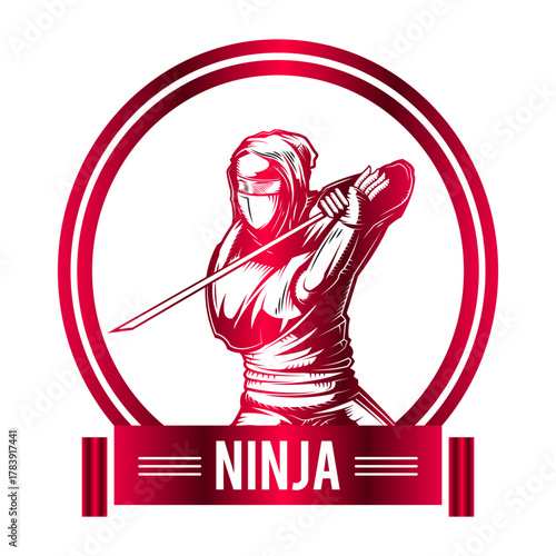 Modern ninja mascot logo, samurai-style warrior with katana, bold red theme