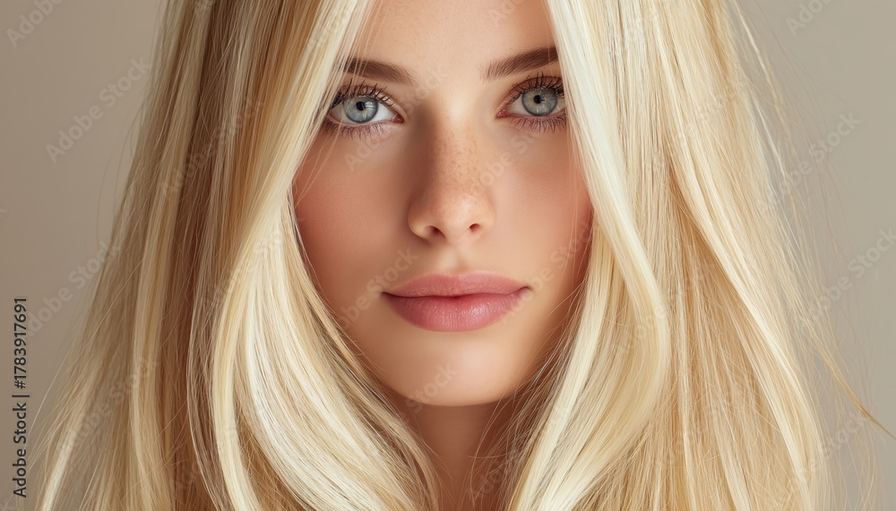 Fototapeta premium Blonde With Blue Eyes: A Healthy Woman Sporting Long Blonde Hair And Hair Extensions