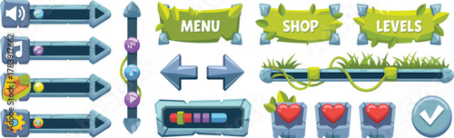 Cartoon game UI elements, colorful interface buttons, adventure menu icons, progress bar vector, health hearts, settings slider illustration