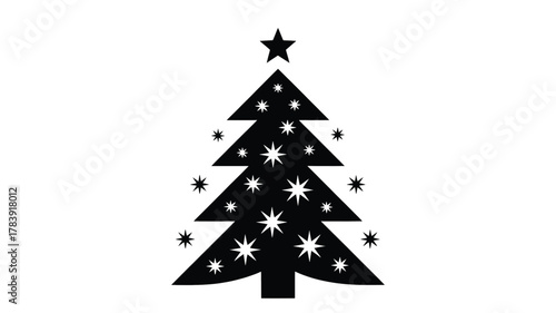 A stylized black silhouette of a christmas tree adorned with sparkling stars and a prominent star on top perfect for holiday decorations and festive designs silhouette