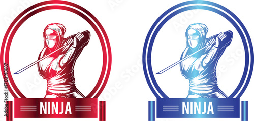 Red and blue ninja logo design with katana sword