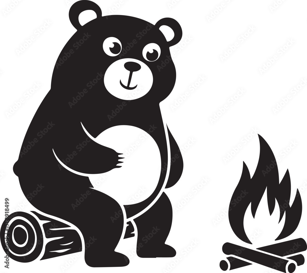 Obraz premium Cute cartoon bear by campfire vector image