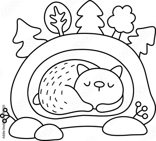 Vector black and white cartoon bear sleeping in den covered with snow, trees. Christmas dreaming animal clipart. Cute new year illustration for kid. Winter holiday line icon, coloring page