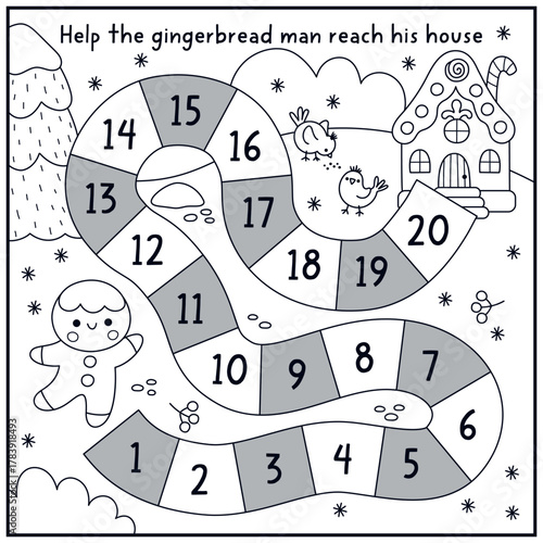 Christmas village black and white board game with gingerbread man going home. Line boardgame with snowy landscape, house. Winter holiday printable activity, coloring page