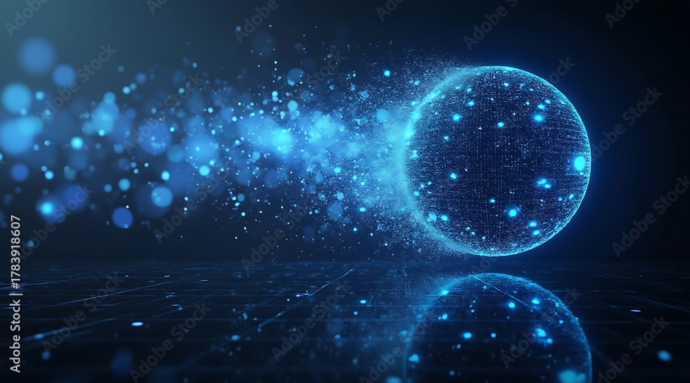 Fototapeta premium Luminous digital sphere dissolving into glowing particles with reflective surface and futuristic blue light effects