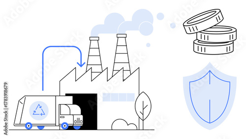 Recycling truck entering factory, emitting smoke. Shield and stacked coins represent safety, profit, and sustainability. Ideal for ecology, manufacturing, waste management, efficiency economy