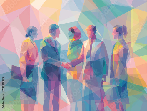 Geometric Business Meeting Illustration with Handshake and Diverse Team Members
