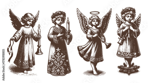 Vintage Engraved Christmas And Easter Angel Children With Candles And Trumpets – Vintage Christmas Vector Set Engraving Sketch Collection