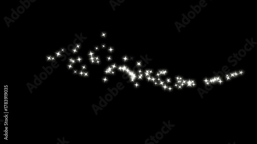 Twinkling glitter sparkle animation with glowing light trails, shimmering fairy dust, and luxury white glitter particles, forming a magical starlight sparkle burst effect on a chroma black screen. 4K