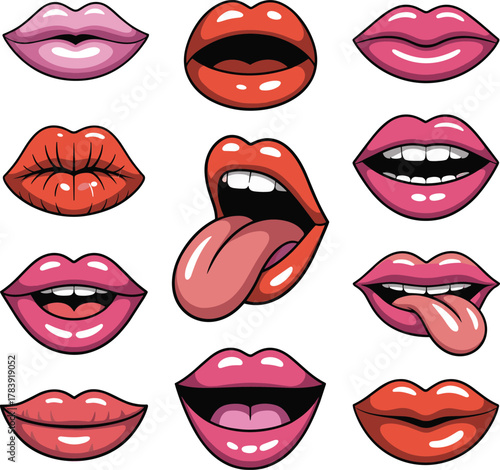 Cartoon lips and mouth expressions set, colorful illustrated lips showing emotions, kiss, smile, tongue for beauty and design themes