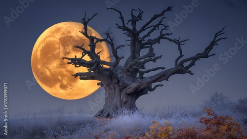 Spooky gnarled dead tree silhouetted against a large, glowing orange full moon at night