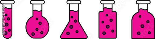 Flasks with pink liquid and purple bubbles