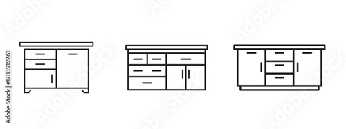 Collection of simple line drawing illustrations of kitchen cabinets  icons with drawers and doors