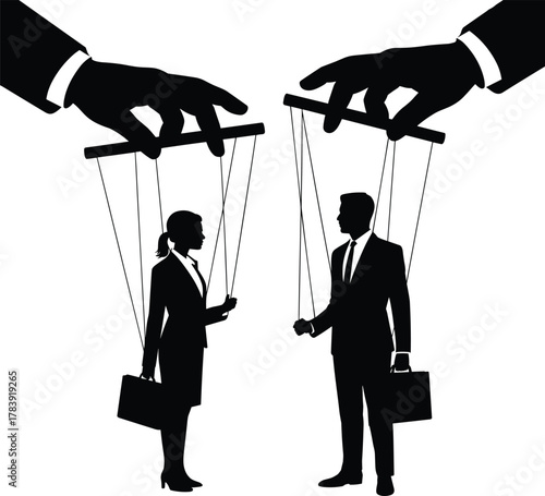 Business puppet, control metaphor, manipulation concept, corporate pressure, silhouette illustration, autonomy loss, workplace stress, power dynamics, leadership control, vector art