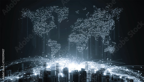 Global network connection with cityscape and world map background illustration