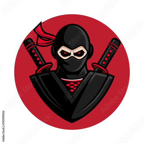 Cartoon ninja mascot badge, dark cloak, intimidating eyes, bold stroke art
