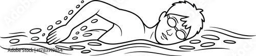 Freestyle swimmer illustration, black and white line drawing, swimming technique sketch, aquatic sport vector, water splash art, athlete clipart