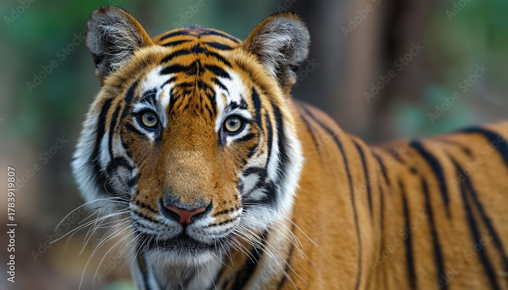 Fototapeta premium Close-Up Portrait Of A Wild Male Bengal Tiger In The Outdoor Wildlife Jungle Safari Of Central India: Panthera Tigris Tigris Asia Forest.