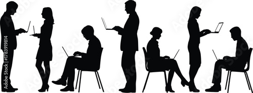 Laptop users, silhouette illustration, digital workspace, remote work, office posture, seated and standing, black and white, teamwork, vector art