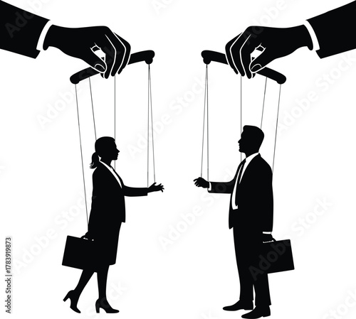 Business control, puppet concept, manipulation metaphor, corporate pressure, silhouette illustration, power dynamics, autonomy loss, workplace stress, leadership control, vector art