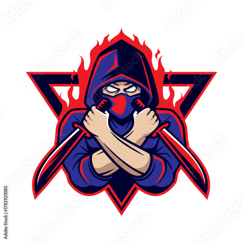 Modern ninja mask character, crossed katana pose, glowing background, esports mascot