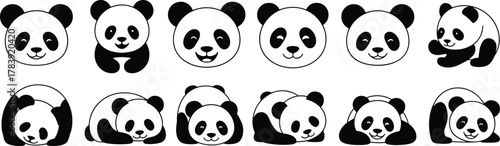 Cartoon panda icons, cute animal expressions, vector illustration, black white contrast, playful poses, character design, panda heads, full-body figures