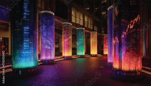 Illuminated Columns at Night Urban Landscape with Vibrant Color Display
