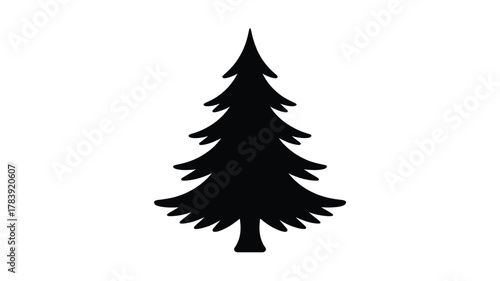 A stark black silhouette of a tall conical evergreen pine tree with layered branches against a clean white background representing nature and winter