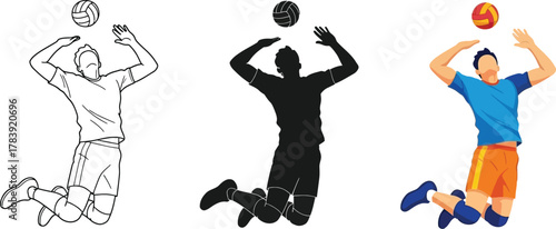 Volleyball player jumping to hit ball three different style of same image