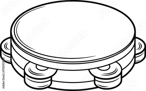 Tambourine line drawing, black and white illustration, musical instrument sketch, rhythm percussion art, folk music symbol, vector artwork design