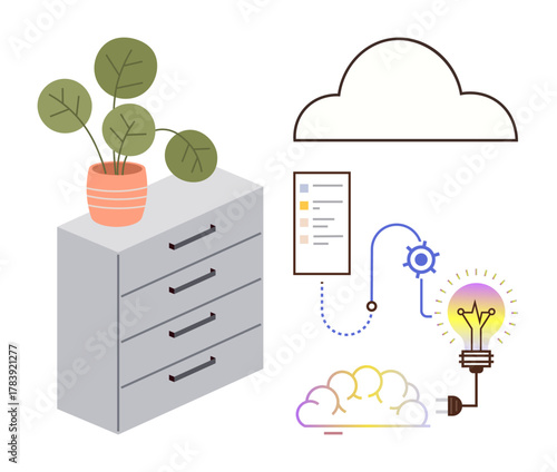 Chest of drawers with a plant, cloud outline, process chart, multicolored cloud, and glowing lightbulb. Ideal for organization, creativity, cloud storage, innovation digital solutions data
