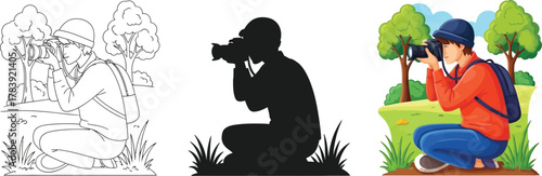 Photographer illustration set, including line art, silhouette and color versions