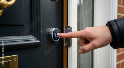 A person's hand presses a sleek, modern smart doorbell button on a contemporary dark grey front door, symbolizing advanced home security and convenient smart home access technology for modern living