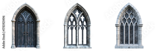 Three architectural design Gothic windows in a row, a window with a door, and two arched windows on display
