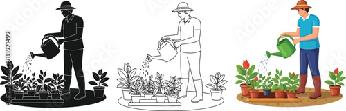 Illustration of a man watering plants in pots vector design and art