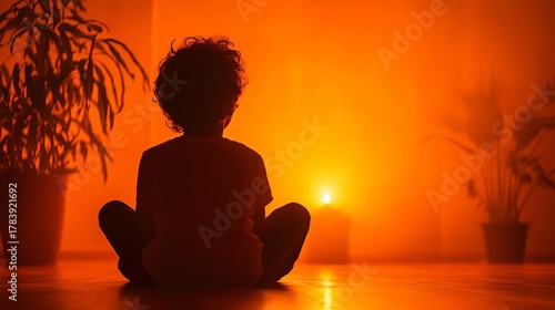 A young boy with curly hair sits in silhouette, surrounded by warm orange light and plants, creating a tranquil atmosphere.