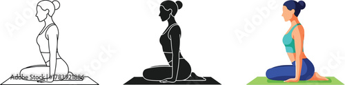 Woman doing yoga, line drawing, silhouette, and full color three different styles of same image