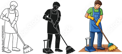 Man sweeping floor with a broom and dustpan, three different versions