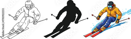 Illustration of a skier in line art, silhouette and color versions for winter sport