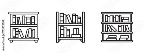 Collection of bookshelf vector icons in black line