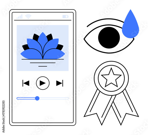 Smartphone screen displays meditation app with lotus design. Eye tear signifies emotion, award ribbon suggests accomplishment and motivation. Ideal for wellness, mindfulness, self-care, app