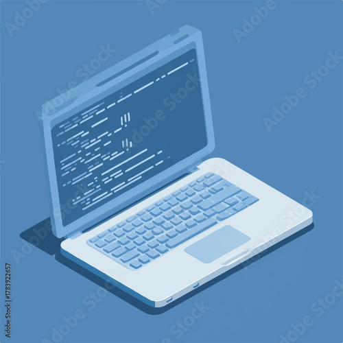 Laptop with code on screen isometric view in shades of blue
