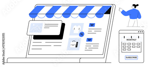 Laptop screen displaying ecommerce store with product listings, sale tags, and subscription options. Ideal for ecommerce, online shopping, subscription, retail, marketing, digital business modern