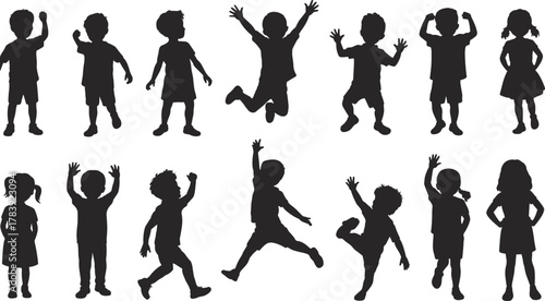 Children silhouettes in various poses, jumping, waving, walking, standing, playful actions, black vector kids, body movement, educational design reference