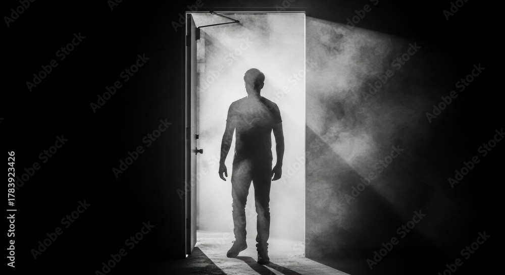 Obraz premium Male silhouette in a smoky doorway with dramatic backlighting. Conceptual scene representing opportunity and the unknown. Cinematic black and white aesthetic for suspense and mystery